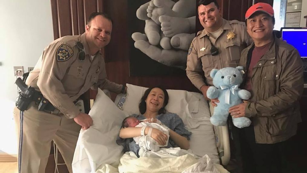 California Highway Patrol officers delivered a healthy baby boy on the side of a Kern County freeway, Tuesday, Feb. 14, 2017. (California Highway Patrol - Buttonwillow)