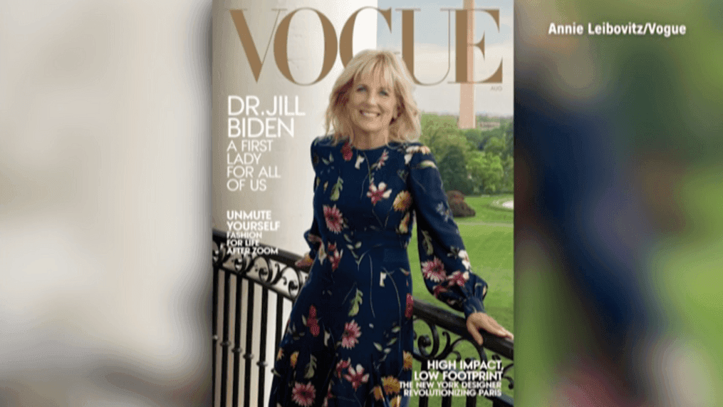 First lady Dr. Jill Biden on the new cover of Vogue magazine. (Photo: Annie Leibovitz/Vogue via CNN Newsource)