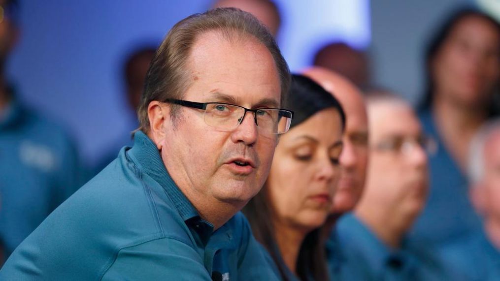 FILE - In this July 16, 2019, file photo, Gary Jones, United Auto Workers President, speaks during the opening of their contract talks with Fiat Chrysler Automobiles in Auburn Hills, Mich.   Jones is taking a paid leave of absence amid a federal investigation of corruption in the union. The UAW said Jones requested the leave, which is effective Sunday, Nov. 3. The federal government has been investigating fraud and misuse of funds at the UAW for more than two years. (AP Photo/Paul Sancya, File)