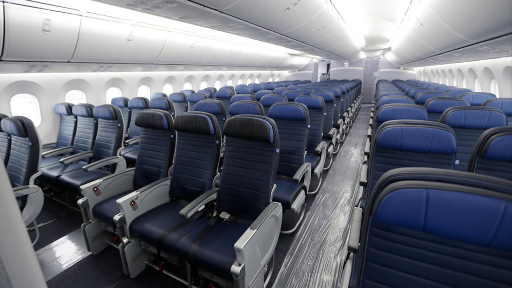 FILE - In this Jan. 26, 2016, file photo, economy class seating is shown on a new United Airlines Boeing 787-9 undergoing final configuration and maintenance work at Seattle-Tacoma International Airport in Seattle.{&nbsp;} (AP Photo/Ted S. Warren, File)