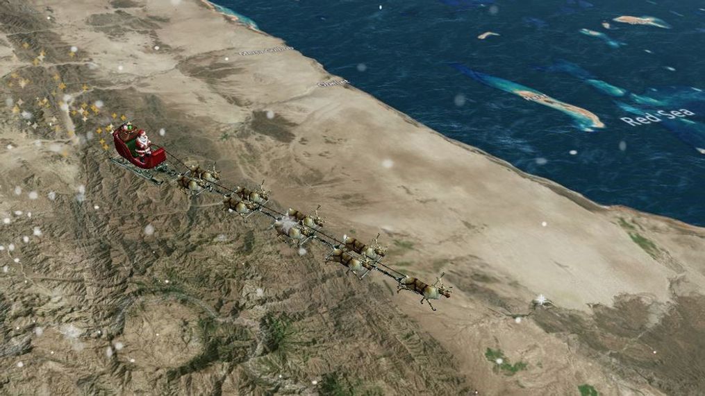 A screenshot of Santa in his sleigh on his way to deliver presents across the world on Christmas Eve. (Courtesy: NORAD){&nbsp;}