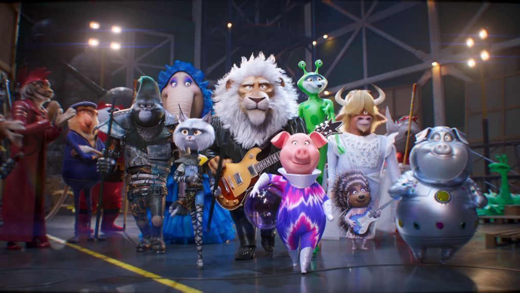 (from left) Klaus Kickenklober (Adam Buxton, third from left), Johnny (Taron Egerton), Meena (Tori Kelly), Nooshy (Letitia Wright), Clay Calloway (Bono), Rosita (Reese Witherspoon), Porsha Crystal (Halsey), Darius (Eric André), Ash (Scarlett Johansson) and Gunter (Nick Kroll) in Illumination’s Sing 2, written and directed by Garth Jennings.