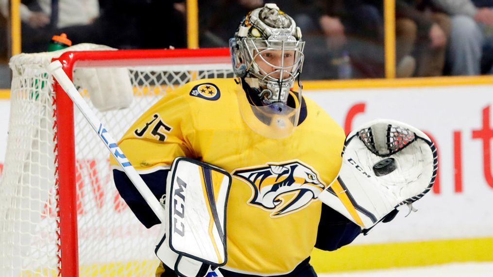 In this March 8, 2018, photo, Nashville Predators goalie Pekka Rinne, of Finland, plays against the Anaheim Ducks in an NHL hockey game in Nashville, Tenn. Rinne was a key factor in falling short in the Stanley Cup Final last season when he got chased twice in Pittsburgh. He's bounced back with a Vezina-worthy season with some unfinished business. The Predators are scheduled to face the Colorado Avalanche in the first round of the NHL Stanley Cup playoffs Thursday (AP Photo/Mark Humphrey)