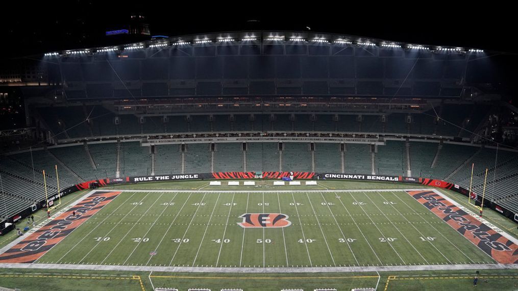 Paycor Stadium sits empty after the NFL postponed the game following an injury to Buffalo Bills' Damar Hamlin during the first half of an NFL football game between the Cincinnati Bengals and Buffalo Bills, Monday, Jan. 2, 2023, in Cincinnati. (AP Photo/Joshua A. Bickel)