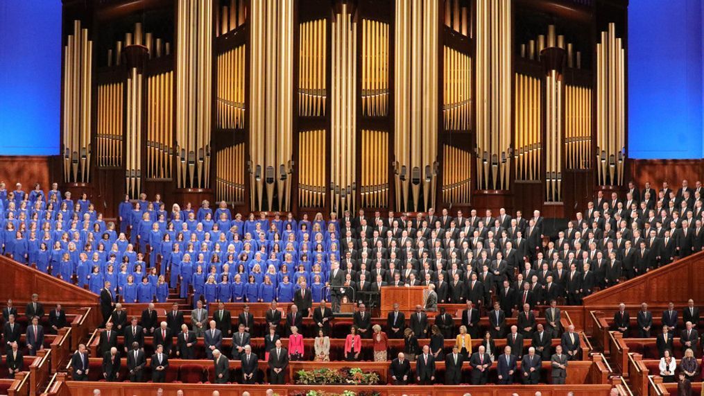 FILE - In this Oct. 5, 2019, file photo, The Tabernacle Choir at Temple Square perform during The Church of Jesus Christ of Latter-day Saints' twice-annual church conference in Salt Lake City. (AP Photo/Rick Bowmer, File)