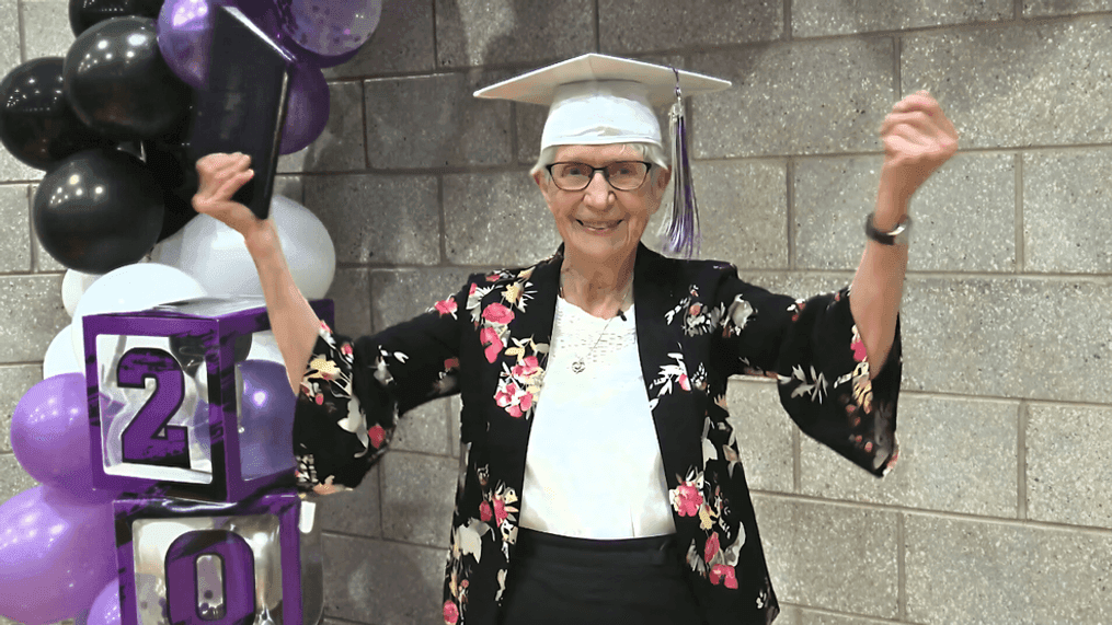 Katherine Cole of Hannah, Utah, is seen during her Tabiona High School graduation in 2024, where she earned her diploma nearly 80 years after she had to leave high school to take care of her family. (KUTV Photo: Amanda Gilbert)