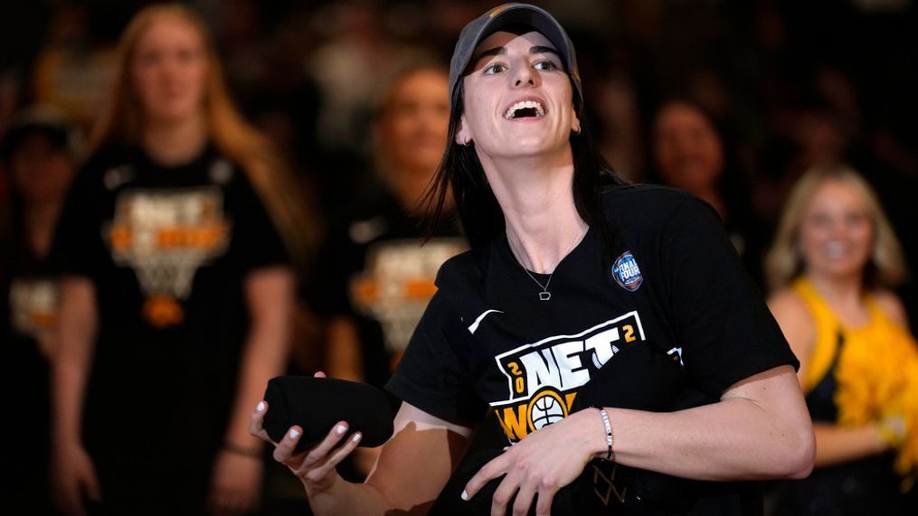 Iowa guard Caitlin Clark reacts to fans during an Iowa women's basketball team celebration, Wednesday, April 10, 2024, in Iowa City, Iowa. (AP Photo/Charlie Neibergall)