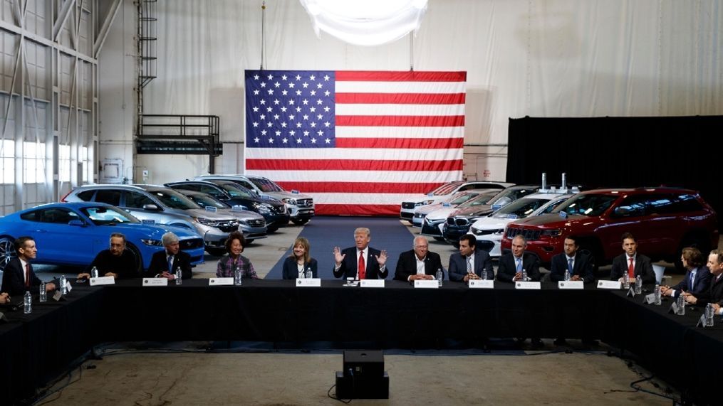 President Donald Trump hosts a roundtable discussion at the American Center of Mobility, Wednesday, March 15, 2017, in Ypsilanti Township, Mich. Moving forcefully against Obama-era environmental rules, the president is set to announce in Michigan plans to re-examine federal requirements that regulate the fuel efficiency of new cars and trucks. (AP Photo/Evan Vucci)