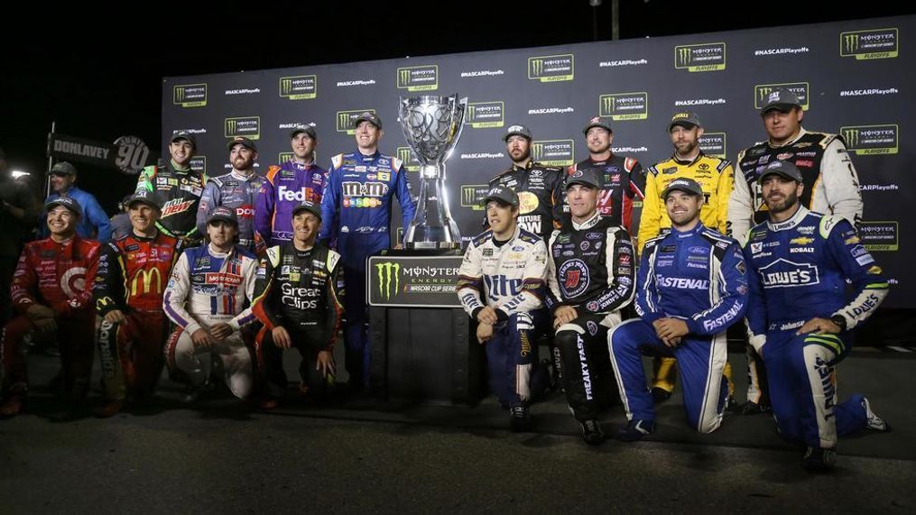 In this Saturday Sept. 9, 2017, photo, the Chase drivers (top row) Chase Elliott, from left, Austin Dillon, Denny Hamlin, Kyle Busch, Martin Truex Jr., Kurt Busch, Matt Kenseth, Ryan Newman, (bottom row) Kyle Larson, from left, Jamie McMurray, Ryan Blaney, Kasey Kahne, Brad Keselowski, Kevin Harvick, Ricky Stenhouse Jr., and Jimmie Johnson pose for a photo following the Federated Auto Parts 400 in Richmond, Va. (Shelby Lum/Richmond Times-Dispatch via AP)