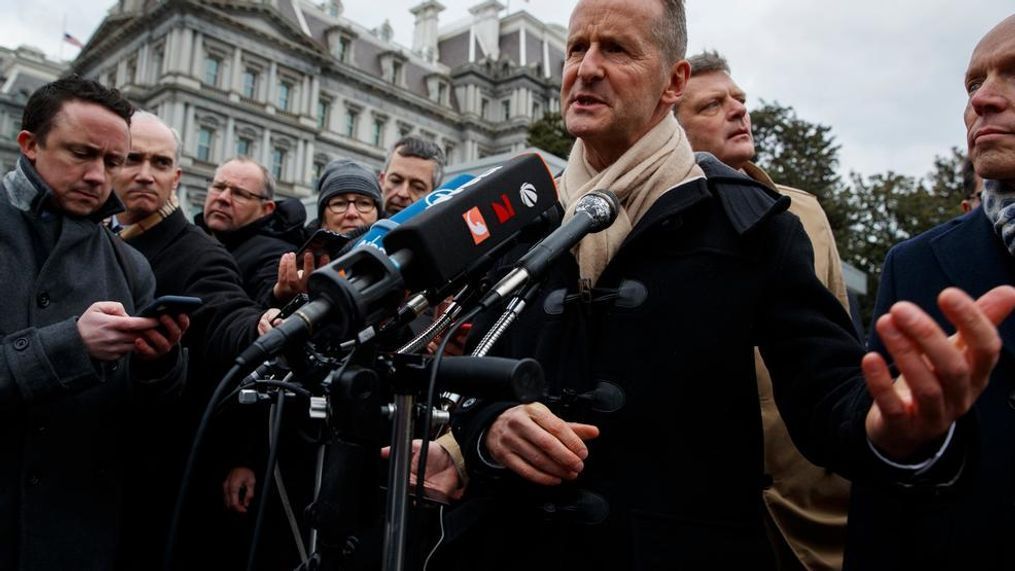 Volkswagen Group CEO Herbert Diess talks with reporters after meeting with President Donald Trump at the White House, Tuesday, Dec. 4, 2018, in Washington. (AP Photo/Evan Vucci)