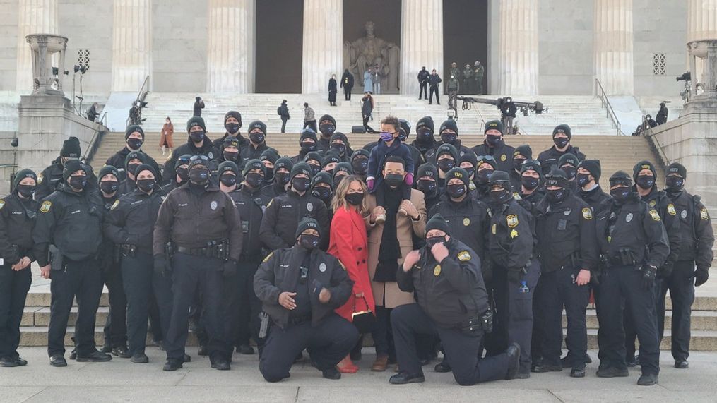 Virginia officers were photographed with American singer-songwriter John Legend and his wife and Chrissy Teigen. Everyone in the photo was seen wearing a mask. (Credit:{&nbsp;}Dr. Crystal Wilkerson/Twitter)