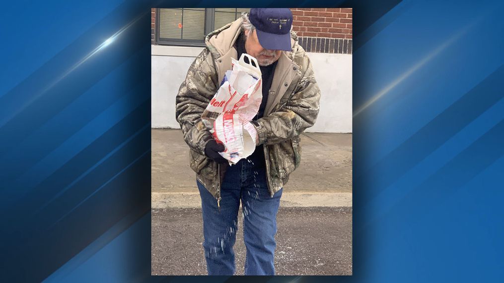 A Muskogee, Okla., woman posted these sweet photos of her father showing up to her work this week and pouring salt on the ground so she wouldn’t slip walking inside. (Provided photos: Elizabeth Bautista Boyd)