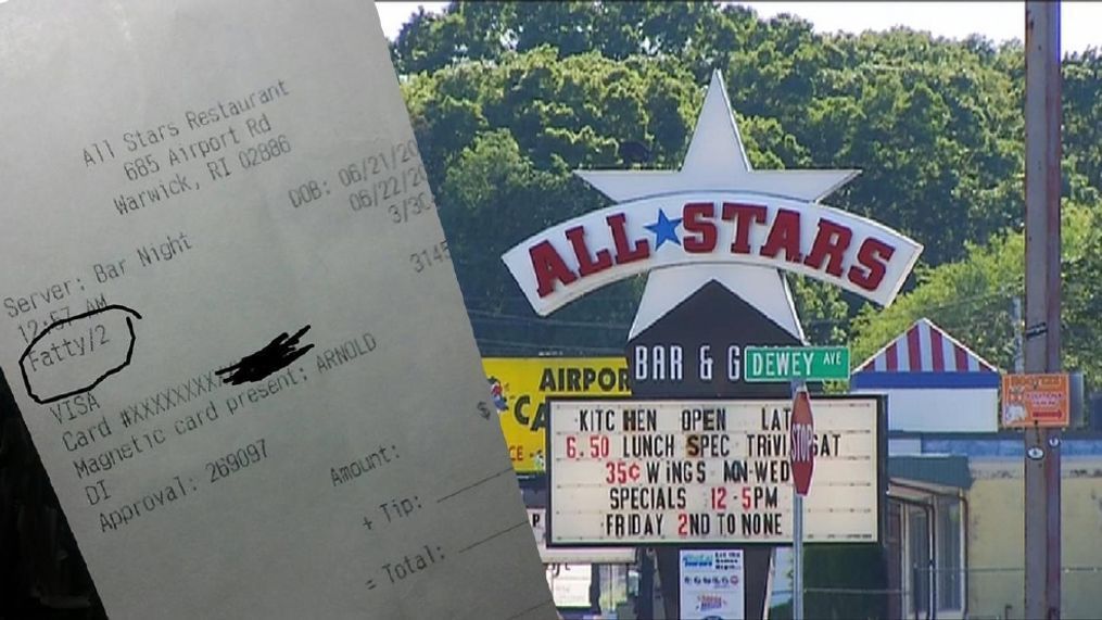 A server at All Stars Bar & Grill in Warwick, R.I. was fired after he referred to a customer as “Fatty” on a receipt, the manager told NBC 10 News.  (WJAR/User-submitted photo of receipt)