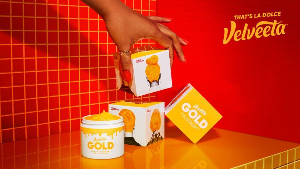 This undated image shows the packaging for 'Velveeta Gold,' the cheese brand's limited edition American cheese-hued hair dye. (Photo courtesy of Kraft Heinz/Business Wire)