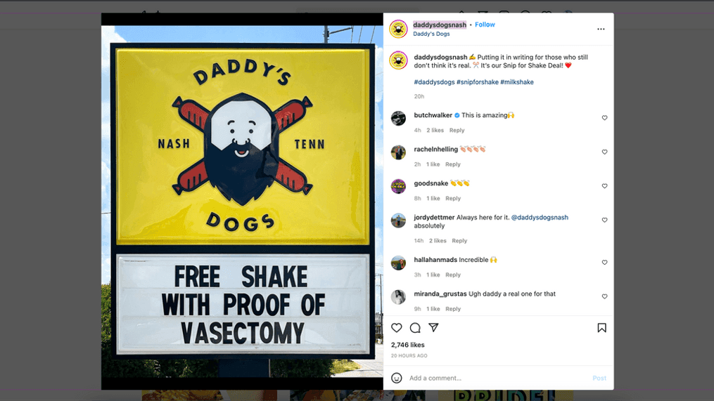 'Snip for Shake' deal: Restaurant offering free milkshakes with proof of vasectomy (Photo: @daddysdogsnash Instagram page)