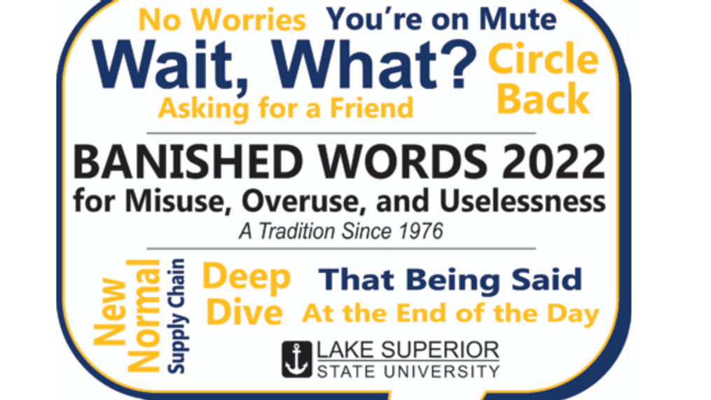 {p}A graphic showing the Top Ten words that made the Banished Words 2022 for Misuse, Overuse, and Uselessness list from Lake Superior State University. (Graphic Courtesy of Lake Superior State University){/p}