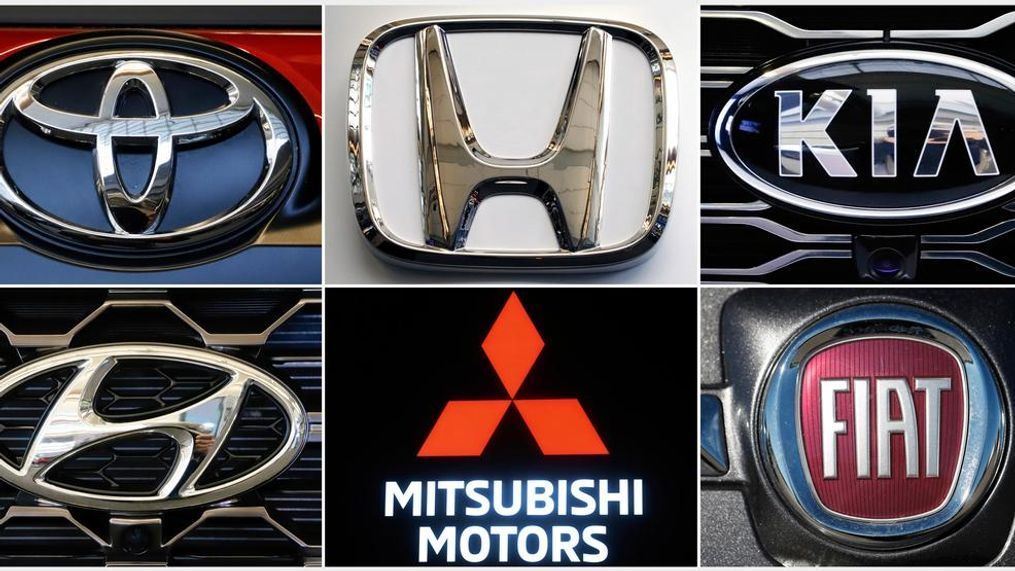 This undated combination of photos shows clockwise from top left the logos for Toyota, Honda, Kia, Fiat Chrysler, Mitsubishi and Hyundai. U.S. auto safety regulators have expanded an investigation into malfunctioning air bag controls to include 12.3 million vehicles because the bags may not inflate in a crash. Vehicles made by Toyota, Honda, Kia, Hyundai, Mitsubishi and Fiat Chrysler from the 2010 through 2019 model years are included in the probe, which was revealed Tuesday, April 23, 2019, in documents posted by the National Highway Traffic Safety Administration. (AP Photos)