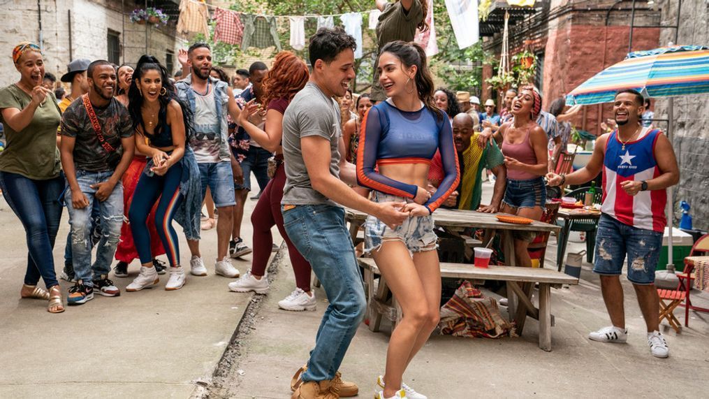 (Left Center-Right Center) ANTHONY RAMOS as Usnavi and MELISSA BARRERA as Vanessa in Warner Bros. Pictures’ “IN THE HEIGHTS,” a Warner Bros. Pictures release. (Photo: Warner Bros.)