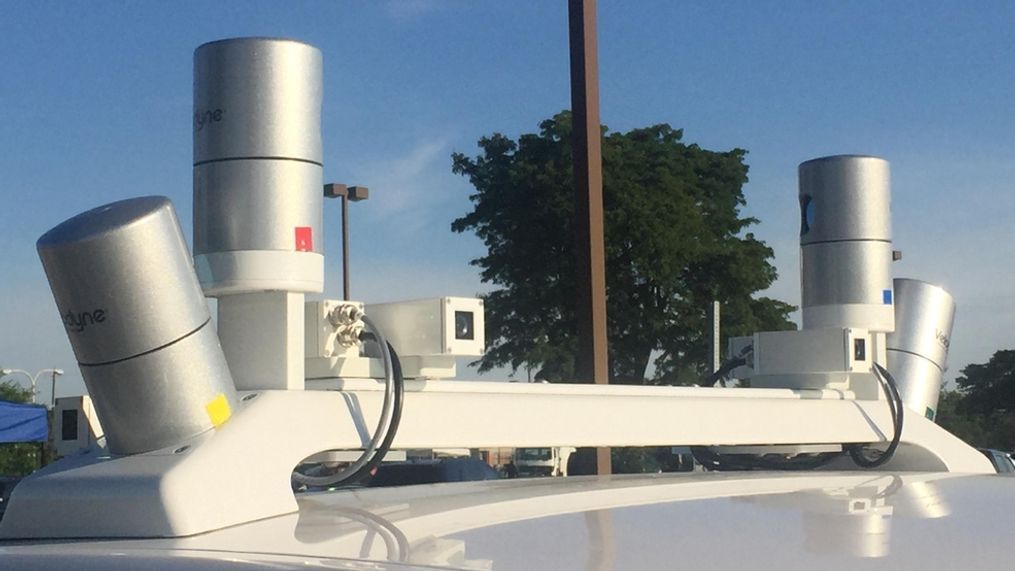 The LiDAR on top of the Ford Fusion Hybrid Autonomous Research Vehicle (Sinclair Broadcast Group / Jill Ciminillo)