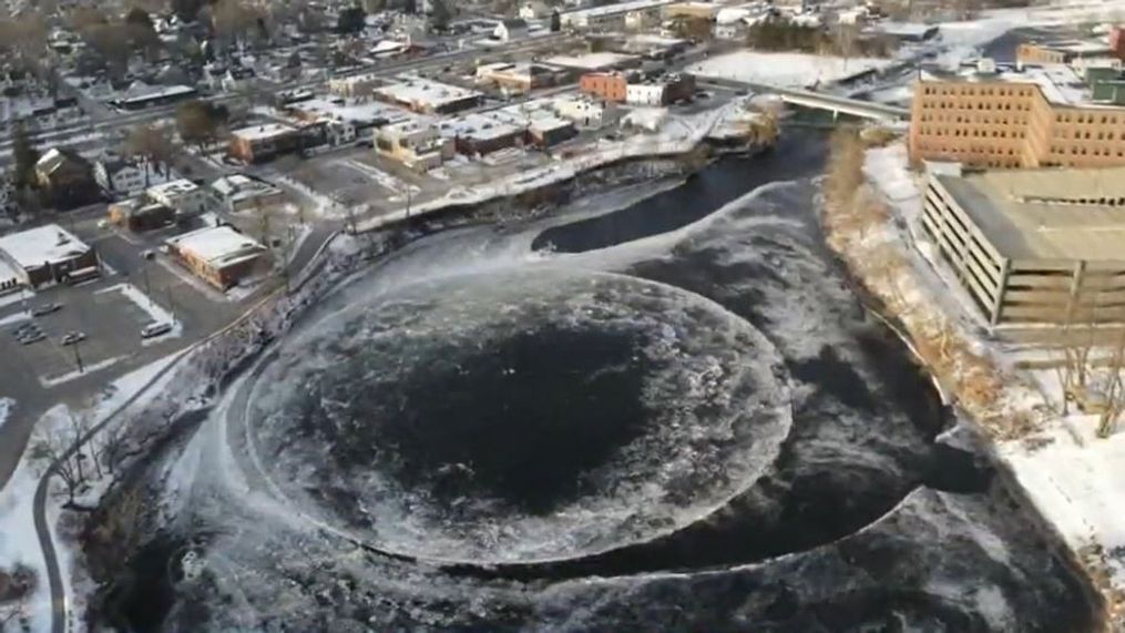 The giant, spinning ice disk in Westbrook appears to be frozen in place after the coldest temperatures of the season so far. (Photo: Mayor Michael Foley)