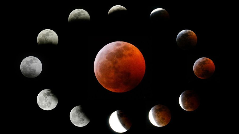 FILE - This combination photo shows the totally eclipsed moon, center, and others at the different stages during a total lunar eclipse, as seen from Los Angeles, Sunday, Jan. 20, 2019. It was also the year's first supermoon, when a full moon appears a little bigger and brighter thanks to its slightly closer position. During totality, the moon will look red because of sunlight scattering off Earth's atmosphere. That's why an eclipsed moon is sometimes known as a blood moon. In January, the full moon is also sometimes known as the wolf moon or great spirit moon. (AP Photo/Ringo H.W. Chiu)