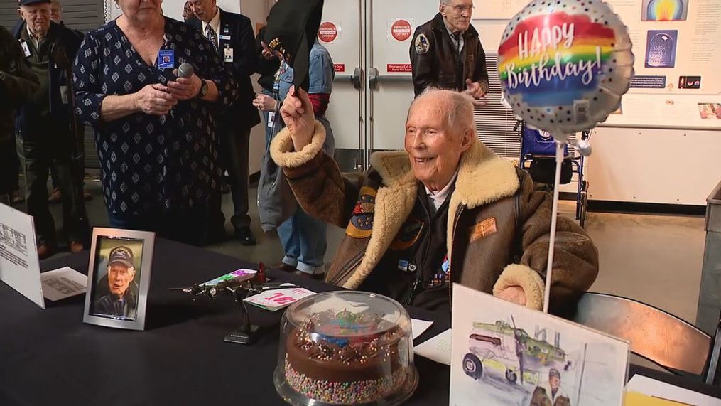 WWII veteran Dick Nelms thanks the crowd on his 101st birthday during a celebration at the Museum of Flight on Saturday, Feb. 17, 2024. (Photo: Doug Pigsley, KOMO News)