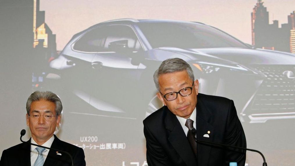 Koji Kobayashi, right, executive vice president of Toyota Motor Corp., and Senior Managing Officer Masayoshi Shirayanagi, attend a press conference on the automaker's quarterly result in Tokyo Wednesday, May 9, 2018. Toyota Motor Corp. is reporting its quarterly profit rose 21 percent as cost cuts and booming sales in some markets offset the damage from higher U.S. incentives.  Toyota, which makes the Camry sedan, Prius hybrid and Lexus luxury models, reported Wednesday January-March profit of 480.8 billion yen ($4.4 billion), up from 398 billion yen the same quarter the previous year. (Kyodo News via AP)