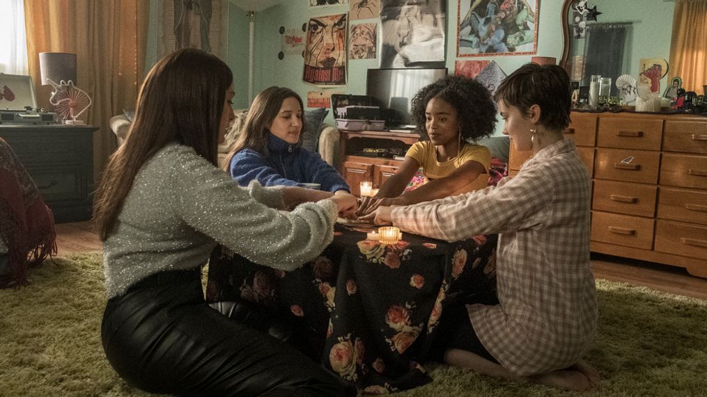 (l-r) Lourdes (Zoey Luna)  Frankie (Gideon Adlon)  Tabby (Lovie Simone) and Lily (Cailee Spaeny) perform rituals and talk about being cautious with their gifts in Columbia Pictures' THE CRAFT: LEGACY. (Photo: Sony Pictures){&nbsp;}