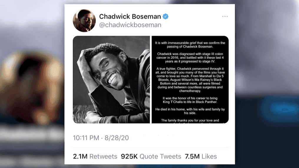 {p}Chadwick Boseman death announcement on Twitter is the most-retweeted post of 2020. (Photo:{&nbsp;}	Twitter/@chadwickboseman via CNN Newsource){/p}