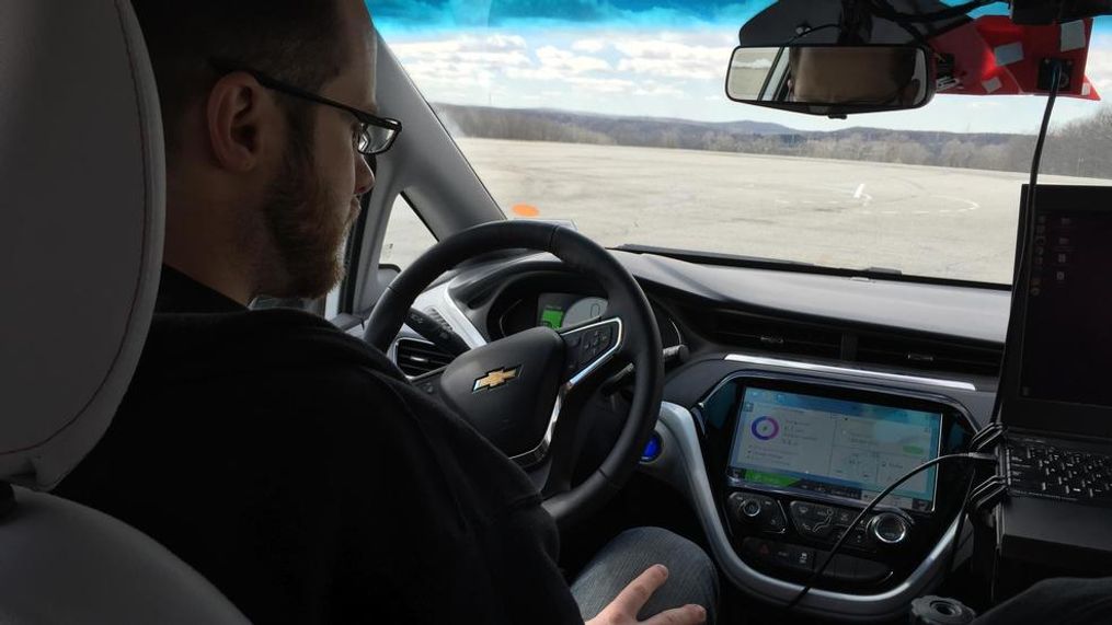 Nate Spike behind the wheel of Michigan Technological University autonomous car, March 15, 2018 (WLUK/Eric Peterson)