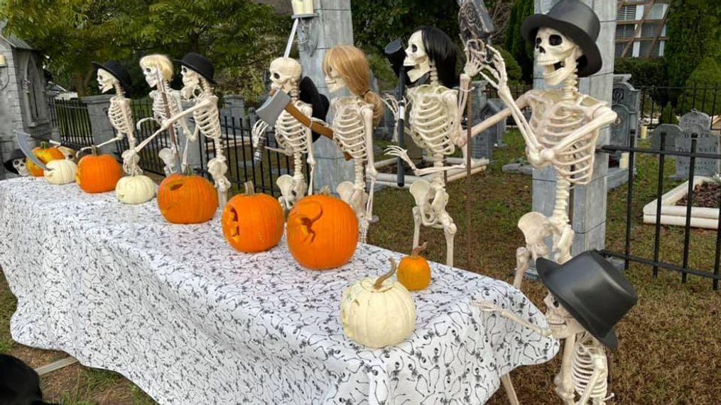 Tennessee family and friends work together to change out elaborate skeleton family yard display in Clarksville each day of October (PHOTOS: The Bones Family/Sarah Garcia){p}{/p}