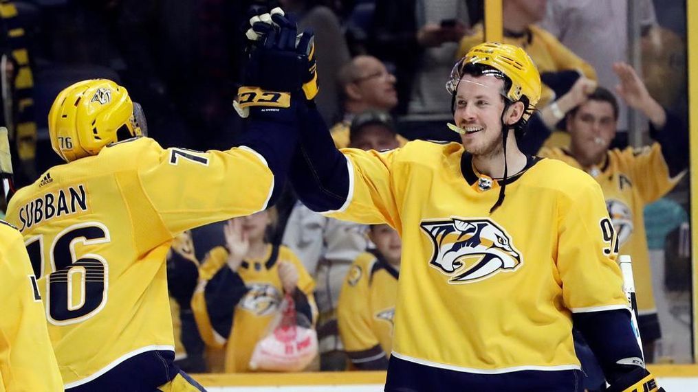 Nashville Predators' P.K. Subban (76) and Ryan Johansen (92) celebrate after beating the Winnipeg Jets in an NHL hockey game Tuesday, March 13, 2018, in Nashville, Tenn. The Predators won 3-1. (AP Photo/Mark Humphrey)