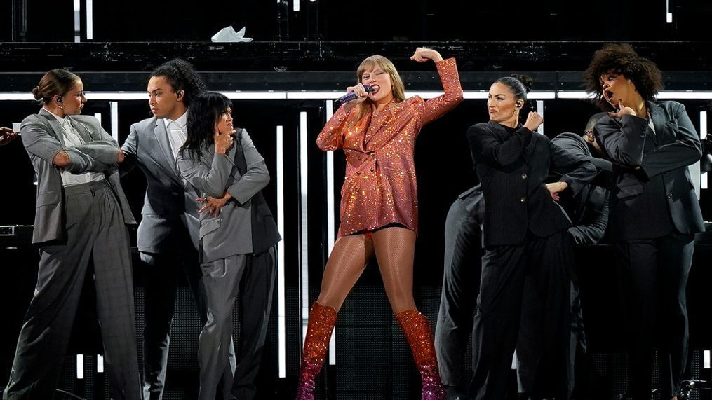Taylor Swift performs at the Paris Le Defense Arena as a part of her Eras Tour concert in Paris, Thursday, May 9, 2024. (AP Photo/Lewis Joly)