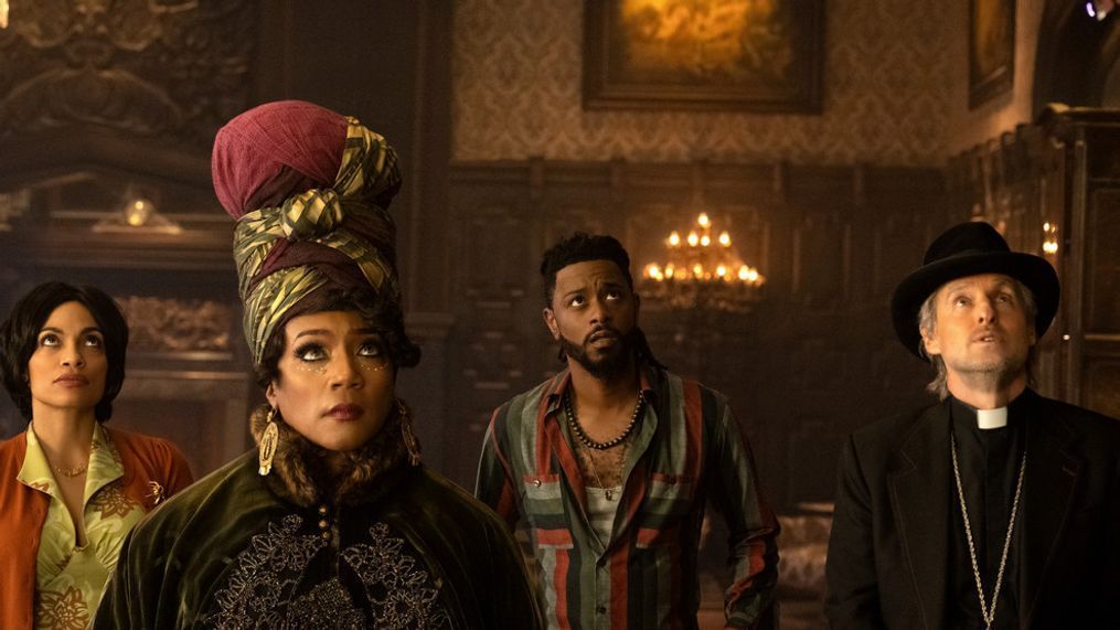 (L-R): Rosario Dawson as Gabbie, Tiffany Haddish as Harriet, LaKeith Stanfield as Ben, and Owen Wilson as Father Kent in Disney's live-action HAUNTED MANSION. Photo Jalen Marlowe. Â© 2023 Disney Enterprises, Inc. All Rights Reserved.