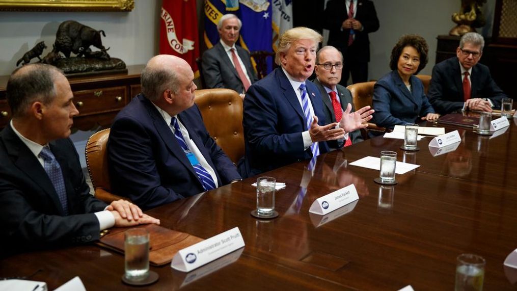 President Donald Trump speaks during a meeting with automotive executives in the Roosevelt Room of the White House, Friday, May 11, 2018, in Washington. From left, Environmental Protection Agency administrator Scott Pruitt, Ford CEO James Hackett, Trump, White House chief economic adviser Larry Kudlow, Secretary of Transportation Elaine Chao, and Nissan Motor Company senior vice president Scott Becker. (AP Photo/Evan Vucci)