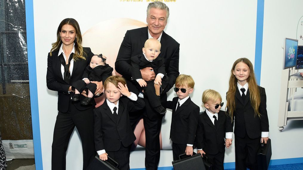 FILE - Actor Alec Baldwin, center, poses with his wife, Hilaria Baldwin, and six of their children at the world premiere of "The Boss Baby: Family Business" in New York on June 22, 2021. (Photo by Evan Agostini/Invision/AP, File)