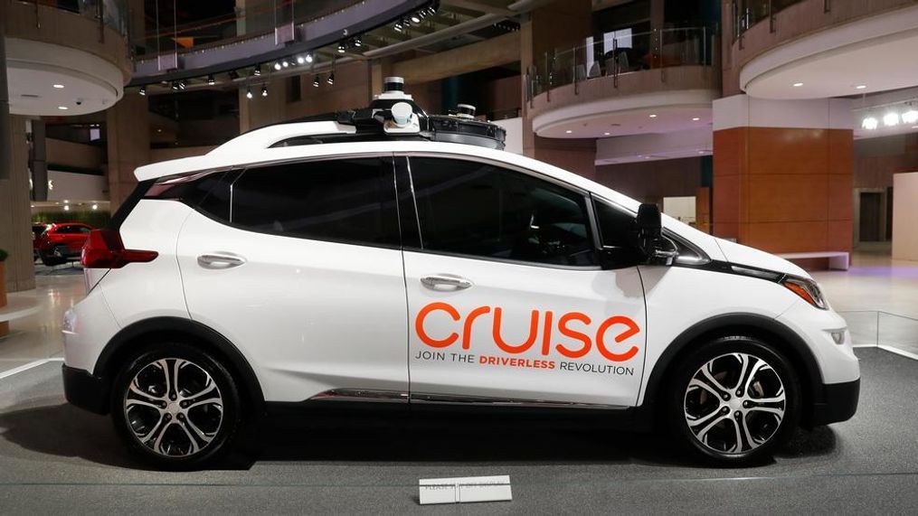 FILE - In this Jan. 16, 2019, file photo, Cruise AV, General Motor's autonomous electric Bolt EV is displayed in Detroit. A group of institutional investors is sinking $1.15 billion into GM Cruise LLC, the autonomous vehicle unit of General Motors. GM announced the investment from a group led by T. Rowe Price on Tuesday, May 7, and said it included money from GM, Honda and Japanese tech investment firm SoftBank. (AP Photo/Paul Sancya, File)