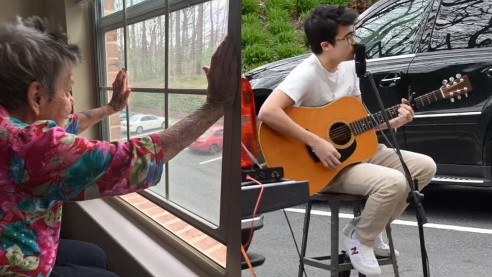 Samuel Moritzkats serenading his 87-year-old grandmother, Dorthy as she is on hospice care in Bethesda, Maryland and quarantined. (Photo: Samuel Moritzkat and Brighton Gardens)