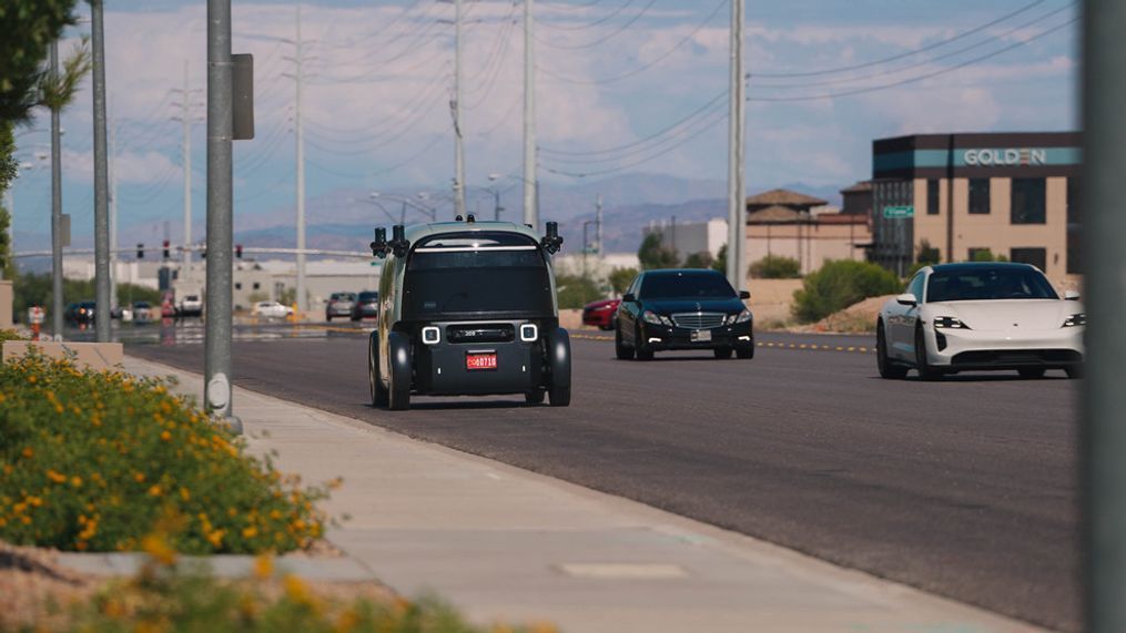 A robotaxi from Zoox drives down a street in Las Vegas in this provided photo. (Courtesy Zoox)