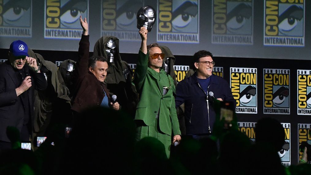 Kevin Feige, from left, Joe Russo, Robert Downey Jr., and Anthony Russo attend a panel for Marvel Studios during Comic-Con International on Saturday, July 27, 2024, in San Diego. (Photo by Richard Shotwell/Invision/AP)