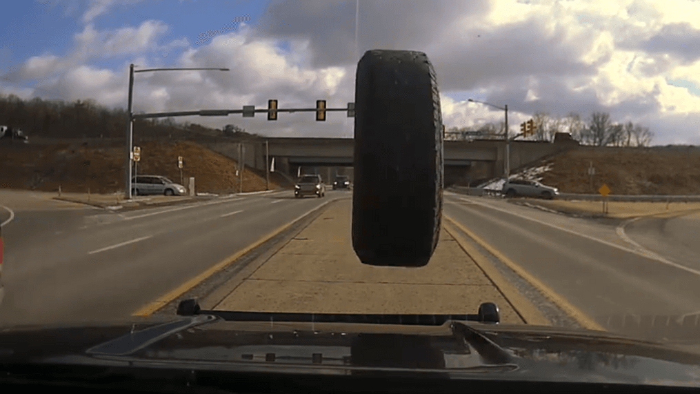 VIDEO: Out of control tire barrels down road, crashes into police cruiser (Photo: Spring Township Police Department)