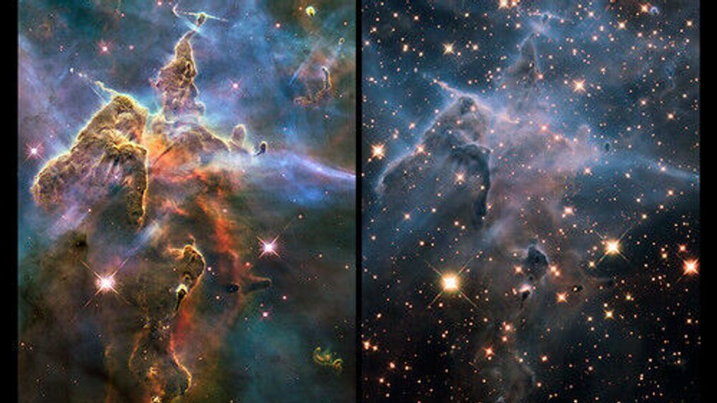 These images, both captured by Hubble, show a comparison of the Carina Nebula in visible light (left) and infrared (right). In the infrared image, we can see more stars that weren't visible before. (Courtesy: NASA)