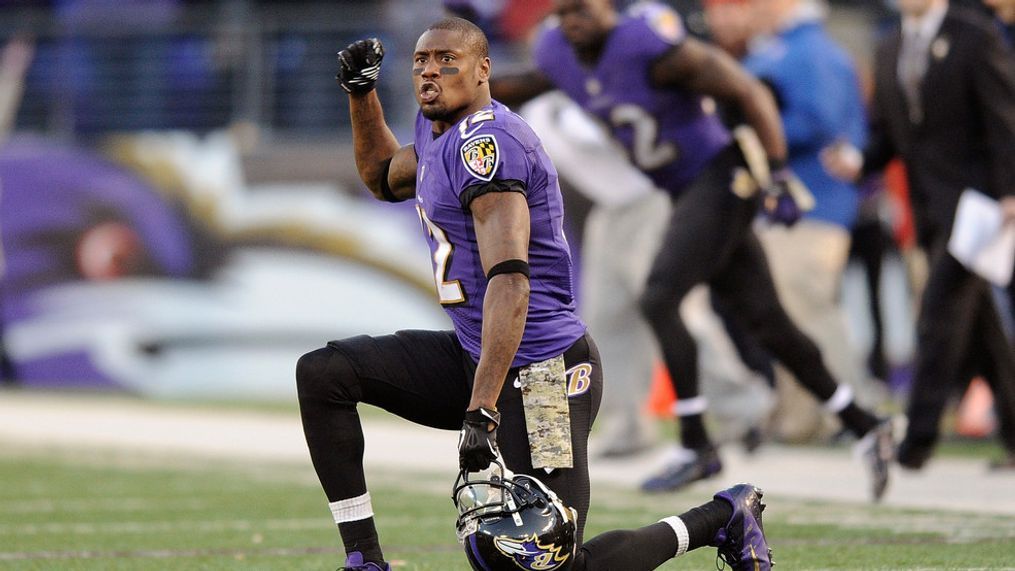 FILE - In this Nov. 10, 2013 file photo, Baltimore Ravens wide receiver Jacoby Jones cheers in overtime of an NFL football game against the Cincinnati Bengals in Baltimore. (AP Photo/Nick Wass, File)