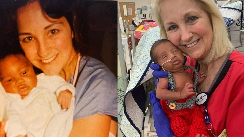 New Jersey NICU nurse takes same photo with father and son, both preemies, 30 years apart. (Photo courtesy: Renata Freydin)