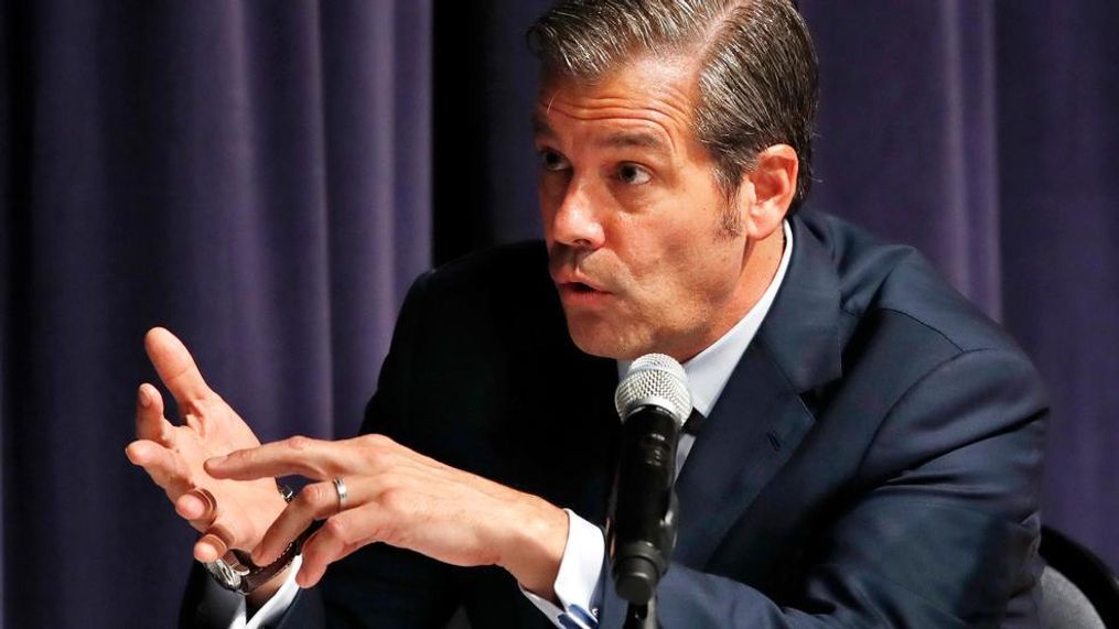 John Bozella, president and CEO of the Association of Global Automakers, gestures while speaking at a Commerce Department hearing on investigation into whether auto imports threaten national security, Thursday, July 19, 2018, at the Commerce Department in Washington. The Commerce Department holds a daylong hearing on the latest trade fight the Trump administration is primed to start: It wants to impose tariffs on imported autos and auto parts, a move that President Donald Trump says would aid American workers but that could inflate car prices, make U.S. manufacturers less competitive and draw retaliation from other nations. (AP Photo/Jacquelyn Martin)