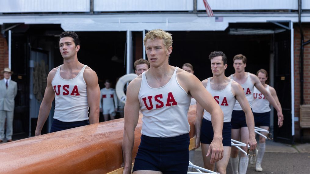 (l-r.) Bruce Herbelin-Earle stars as Shorty Hunt, Callum Turner as Joe Rantz, and Wil Coban as Jim McMillan in director George Clooney'sTHE BOYS IN THE BOAT, an Amazon MGM Studios film. Photo credit: Laurie Sparham © 2023 Metro-Goldwyn-Mayer Pictures Inc. All Rights Reserved.