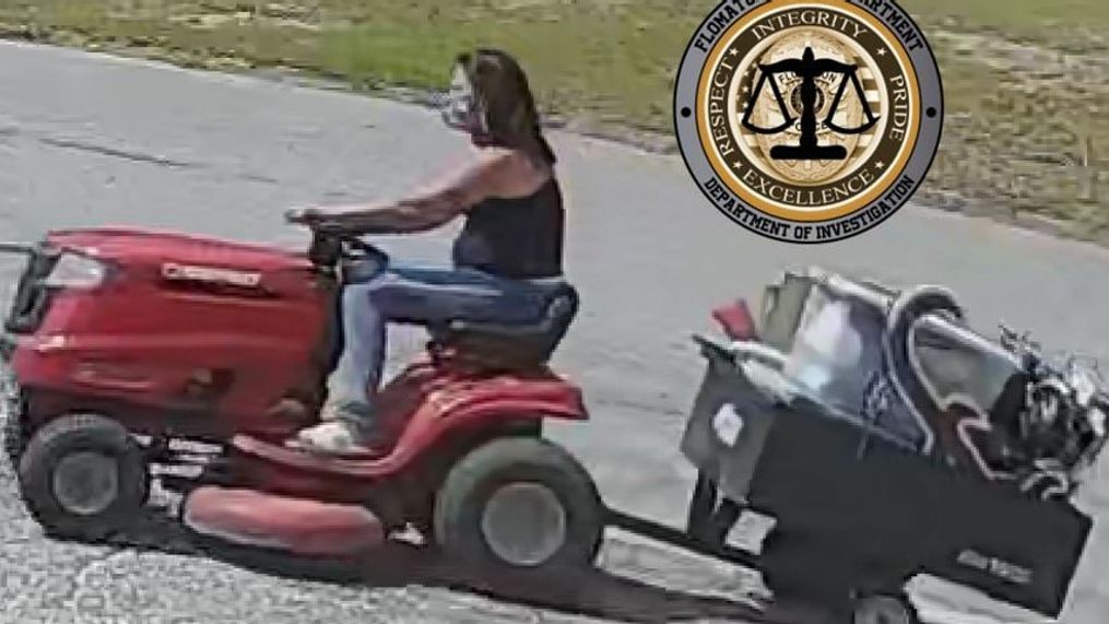 Wanted in Alabama: Masked woman steals lawnmower, trailer, Crimson Tide yard sign (Photo via Flomaton Police Dept.'s Facebook page)