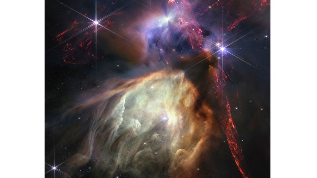 The first anniversary image released Wednesday, July 12, 2023, by Space Telescope Science Institute Office of Public Outreach, shows NASA's James Webb Space Telescope displaying a star birth like it's never been seen before, full of detailed, impressionistic texture.{&nbsp;} (NASA, ESA, CSA, STScI, Klaus Pon via AP)