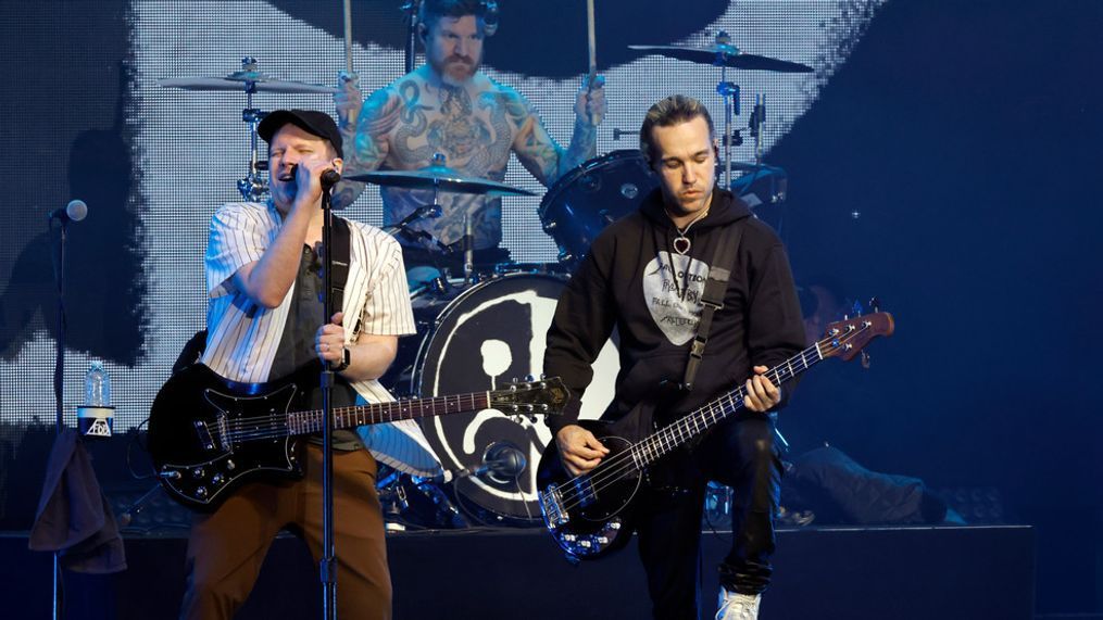 FILE– (L to R) Patrick Stump, Andy Hurley, and Pete Wentz of Fall Out Boy perform onstage at the 2023 iHeartRadio ALTer EGO Presented by Capital One at The Kia Forum on January 14, 2023 in Inglewood, California. (Photo by Kevin Winter/Getty Images for iHeartRadio)