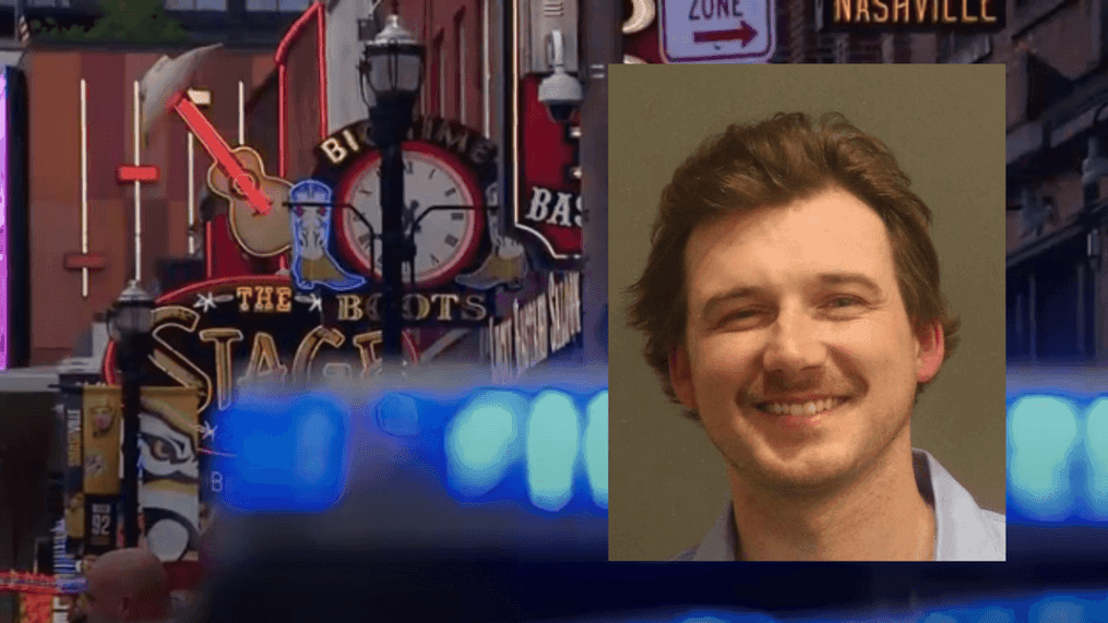 Morgan Wallen mugshot and police lights on Broadway file (Photos: Metro Police/FOX 17 News)